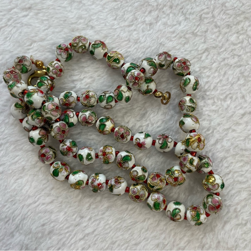 Vintage Chinese Cloisonné Floral Beaded Necklace - White, Green, Red, Pink, Gold